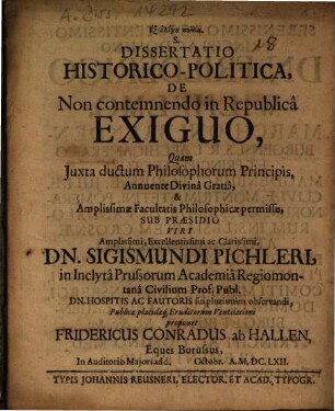 Dissertatio Historico-Politica, De Non contemnendo in Republica Exiguo