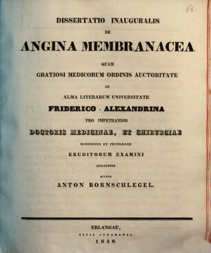 Dissertatio inauguralis de angina membranacea