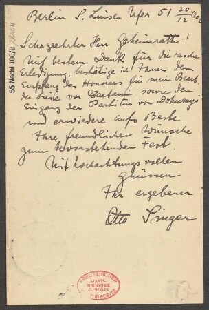Brief an Ludwig Strecker  und B. Schott's Söhne : 20.12.1902
