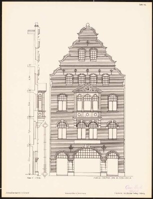 Fassadenentwürfe für Lübeck Das Ergebnis d. Wettbewerbes, ausgeschrieben d. d. Verein von Kunstfreunden zu Lübeck, bearb. v. Richard Landé, Leipzig 1901: Ansicht, Fassadenschnitt vertikal