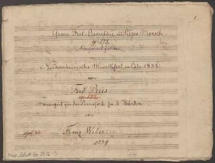 Overtures, pf 4hands, op. 172, op. 12, HilR op. 172, Es-Dur, Arr - BSB Mus.Schott.Ha 3426-3 : [title page, pf 4hands] Grosse Fest = Ouvertüre und Sieges = Marsch // [added:] op: 172 // Komponirt für das // Niederrheinische Musikfest in Cöln 1832 // von // Ferd: Ries. // arrangirt für das Pianoforte zu 4 Händen // von // Franz Weber