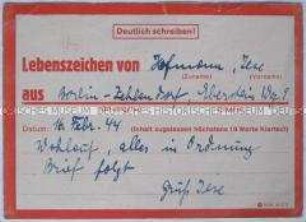 Vordruck-Postkarte mit der Mitteilung, dass nach einem Bombenangriff "alles in Ordnung" ist