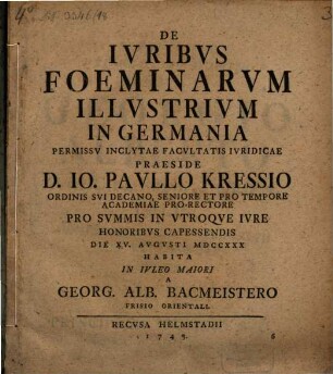 De Ivribvs Foeminarvm Illvstrivm In Germania
