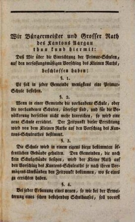 Gesetz über die Einrichtung von Primar-Schulen : im Kanton Aargau dd. Aarau 21/24 Brachmonat 1822