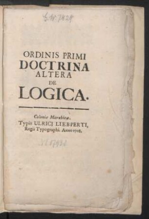 Ordinis Primi Doctrina Altera De Logica