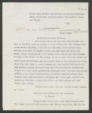 Briefabschrift an Paul Bekker : 23.05.1921