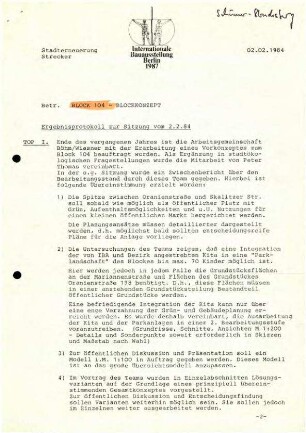 Protokoll: Sitzung der Projektgruppe Block 104 vom 2.2.1984, Blockkonzept