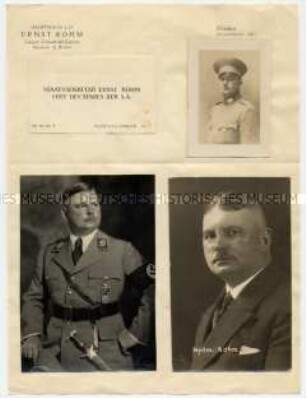 Briefbogen von Ernst Röhm mit aufgeklebter Visitenkarte und drei Porträtfotos - Personenkonvolut