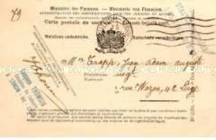 Vordruck-Postkarte des belgischen Finanzministeriums (französisch/niederländisch) - Familienkonvolut