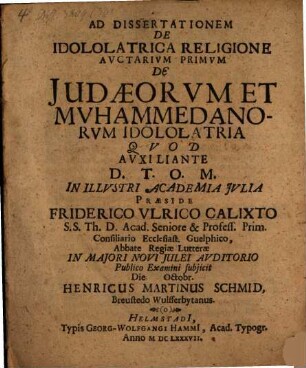 Ad Dissertationem De Idololatrica Religione Auctarium Primum De Judaeorum Et Muhammedanorum Idololatria