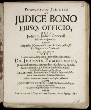 Disputatio Iuridica De Iudice Bono Eiusq[ue] Officio
