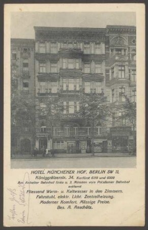 Ansichtskarte "Hotel Münchener Hof", Königgrätzer Straße 34