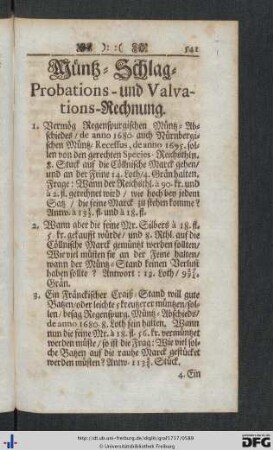 Müntz- Schlag- Probations- und Valvations-Rechnung.