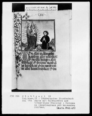 Deutsches Gebetbuch (Waldburg-Gebetbuch) — Madonna im Strahlenkranz mit kniendem Stifter, Folio 113recto