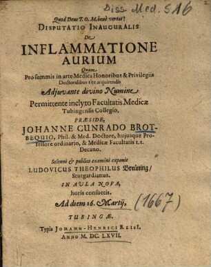 Disputatio Inauguralis De Inflammatione Aurium