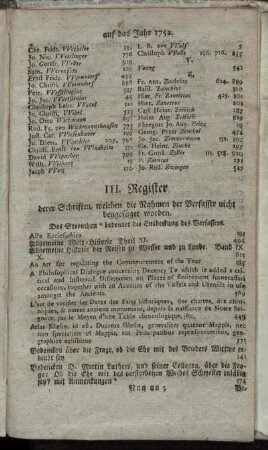 III Register derer Schriften, welchen die Nahmen der Verfasser nicht beygefüget worden.