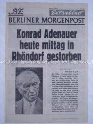 Sonderdruck der Tageszeitungen "BZ" und "Berliner Morgenpost" zum Tod Konrad Adenauers