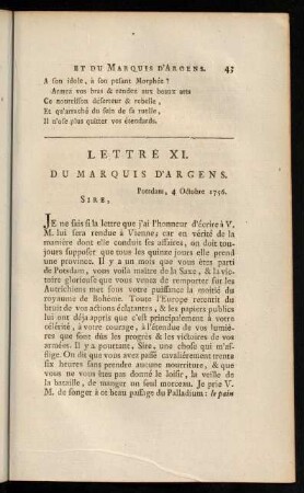 43-61, Lettre XI. du Marquis D'Argens.-Lettre XVII. du Roi.