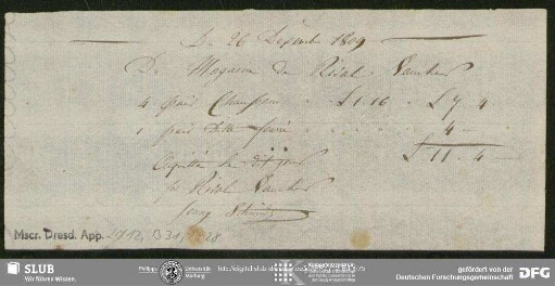 Rechnung von Unbekannt an August Wilhelm von Schlegel, o.O., 26.12.1809