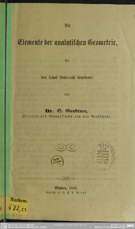 Die Elemente der analytischen Geometrie : für den Schul-Unterricht bearbeitet