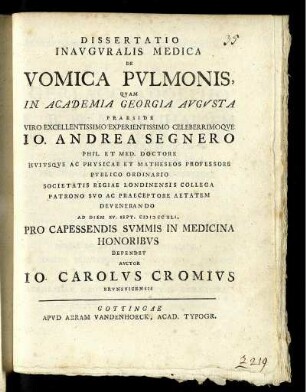 Dissertatio Inauguralis Medica De Vomica Pulmonis