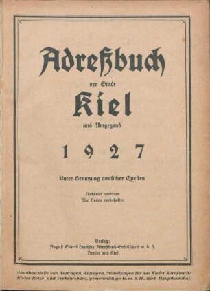 1927: Adreßbuch der Stadt Kiel und Umgegend 1927