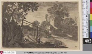 [Holzbrücke zu Ruinen führend mit zwei Spaziergängern; Wooden Bridge leading from Trees to Ruins at right]