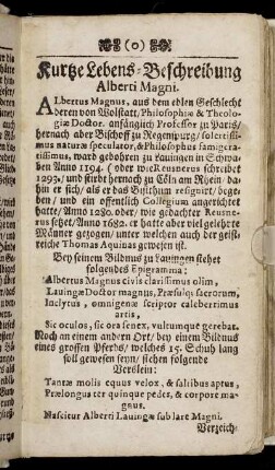 Kurtze Lebens-Beschreibung Alberti Magni