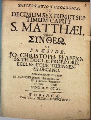 Disp. theol. in decimum sextum et septimum caput S. Matthaei