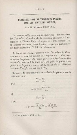 Démonstrations de théorèmes énoncès dans les nouvelles annales.