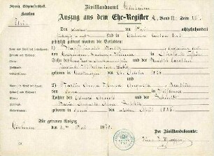 Heiratsurkunde von F.M. Stapff und Anna Martin
