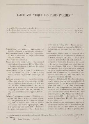 Table Analytiques des Trois Parties.
