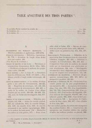 Table Analytiques des Trois Parties.