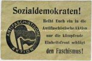 Klebezettel der KPD mit dem Aufruf an die Sozialdemokraten zur "Antifaschistischen Aktion"