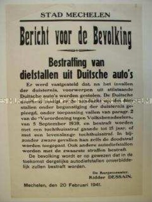 Maueranschlag aus dem besetzten Belgien zur Bestrafung von Diebstählen deutscher Autos