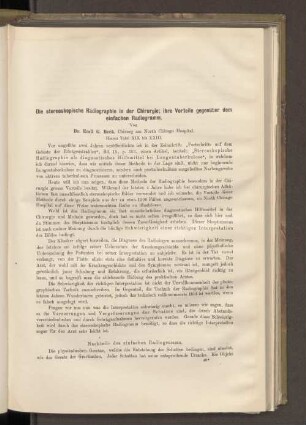 Die stereoskopische Radiographie in der Chirurgie; ihre Vorteile gegenüber dem einfachen Radiogramm.