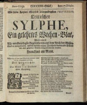 (LXXXIIII. Stück.) den 17. Octobr. Anno 1752.