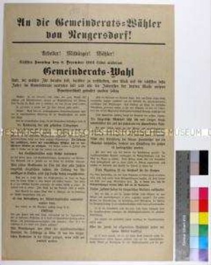 Aufruf des sozialdemokratischen Wahlkomitees zur Gemeinderatswahl von 1912, mit Vorschlägen für drei Wahlkandidaten