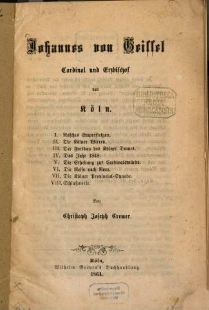 Johannes von Geissel, Cardinal und Erzbischof von Köln