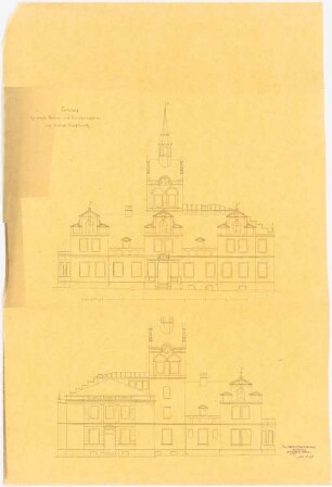 Schloss Ponischowitz Umbau und Ausbau: Aufriss Westseite, Ostseite, Maßstabsleiste