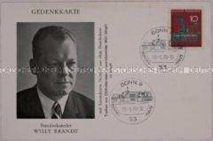Gedenkkarte mit Briefmarke und Sonderstempel zum Treffen von Bundeskanzler Brandt mit DDR-Ministerpräsident Stoph in Erfurt