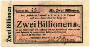 Geldschein / Notgeld, 2 Billionen Mark, 20.11.1923