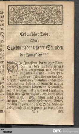Erbaulicher Todt, Oder: Erzehlung der letztern Stunden der Jungfrau