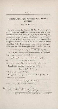 Généralisation d'une propriété de la surface de l'onde.