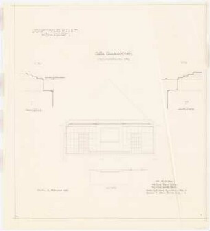 Kraftfahrschule, Wünsdorf: Aula: Wandansicht, Grundriss 1:50, Schnitte 1:10