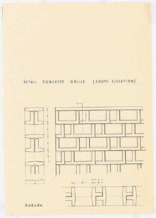 New Central National Bank of Iraq, Bagdad: Detail Concrete Grille, Variante, Ansicht, Detail, 2 Schnitte Detail, 1:10, (von Inv.nr. 39325)
