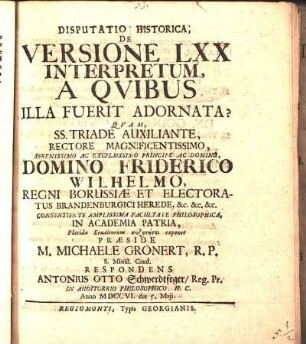 Disputatio Historica, De Versione LXX Interpretum, A Qvibus Illa Fuerit Adornata?