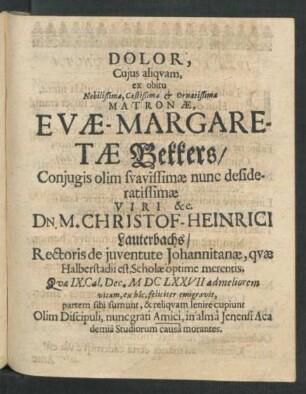 Dolor, Cujus aliquam ex obitu ... Evae-Margaretae Bekkers ...
