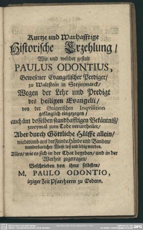 Kurtze und Warhafftige Historische Erzehlung
