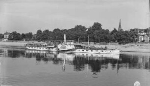 Dresden. Personen-Seitenraddampfer "Pillnitz" (1886, Blasewitz) in Fahrt stromauf. Blick über die Elbe Richtung Neustädter Seite